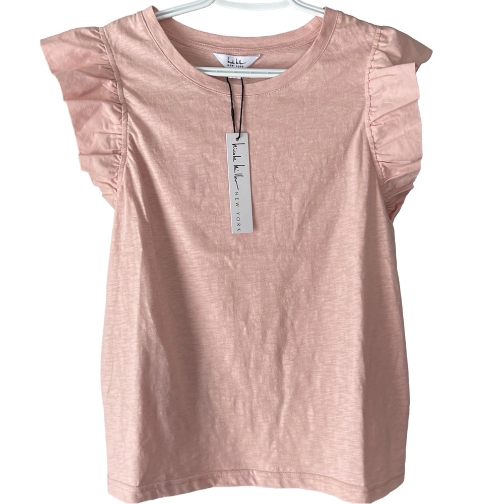 Nicole Miller New York 100% Cotton Ruffle Sleeve Tee, NWT, Size L, Blush Pink
